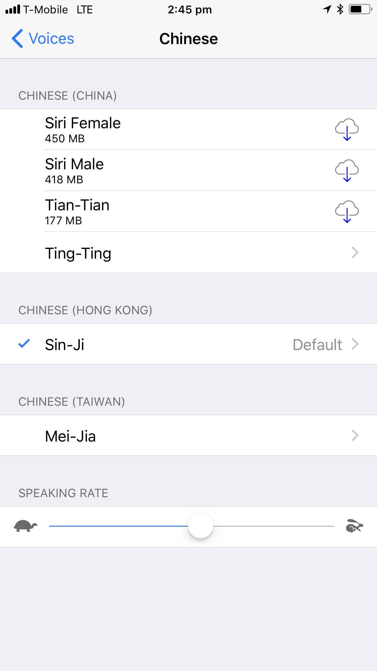 iOS Voice Settings: Chinese Hong Kong, Sing-Ji voice selected.